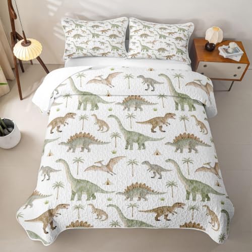 Kids Dinosaur Quilt Set Twin Green White Jungle Dinos Bedspread Lightweight Bedding