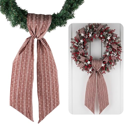 Red Beige Jacquard Plaid Wreath Sash for Holiday Decor 5.12" x 54.33" - Festive Bow Ribbon for Christmas Fall & Celebration