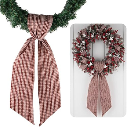 Red Beige Jacquard Plaid Wreath Sash for Holiday Decor 5.12" x 54.33" - Festive Bow Ribbon for Christmas Fall & Celebration