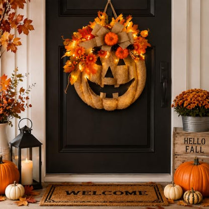 Lighted Burlap Pumpkin Wreath for Front Door - 14 Inch Halloween Fall Decor with Warm LED Lights - Rustic Autumn Wreath with Leaves, Pinecones, and Flowers - Variation of THIS listing