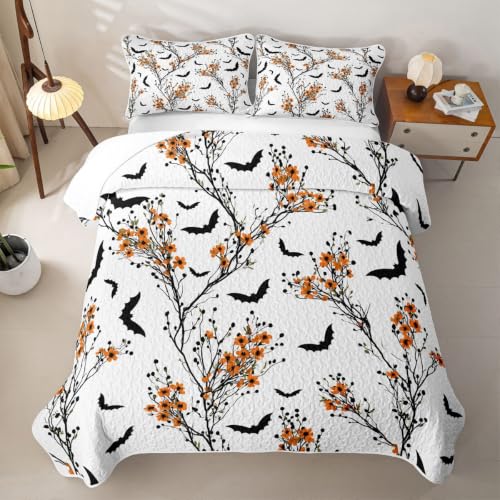 Castle Fairy Halloween Branch Quilt Set Full Size - White Black Orange - Kids Bedroom Decor