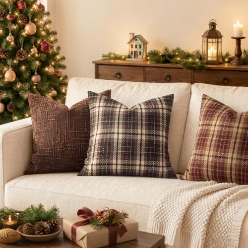 18x18 Inch Tartan Plaid Throw Pillow Covers Set of 2 Coffee Brown Fall