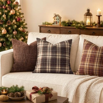 18x18 Inch Tartan Plaid Throw Pillow Covers Set of 2 Coffee Brown Fall