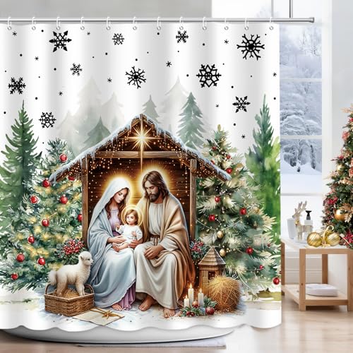 Christmas Birth of Jesus Shower Curtain with Snowflake Forest Design - Waterproof Polyester, 72x72 in