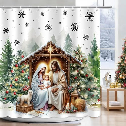 Christmas Birth of Jesus Shower Curtain with Snowflake Forest Design - Waterproof Polyester, 72x72 in