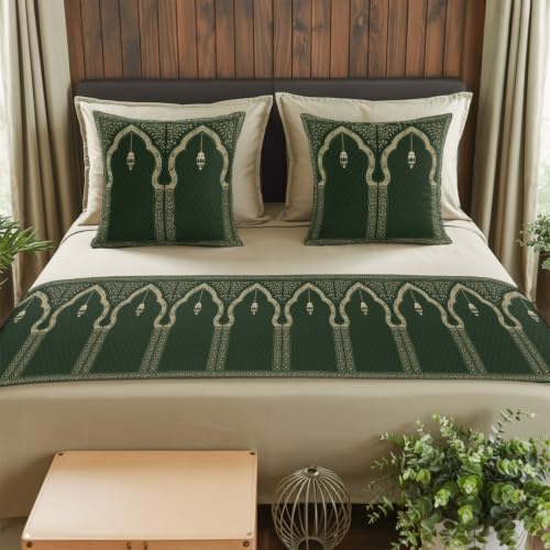 83x20 Inch Forest Green Bed Runner & Pillow Cover Set for Queen Size Bed, Boho Ethnic Decor