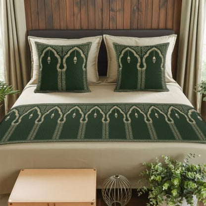 83x20 Inch Forest Green Bed Runner & Pillow Cover Set for Queen Size Bed, Boho Ethnic Decor