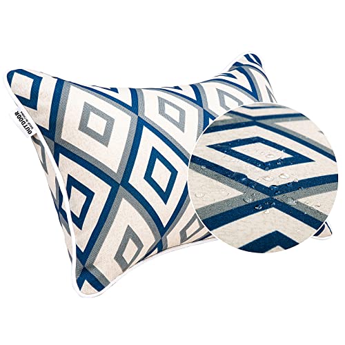 Outdoor Lumbar Pillows Set of 2 with Inserts - Rhombus White & Blue, 12x20 Inches