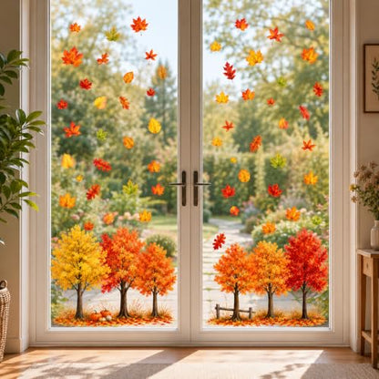 Large Fall Maple Tree Window Clings - 8 Sheets Autumn Thanksgiving Decor - Reusable Static Stickers