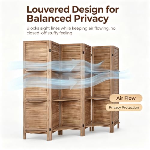 6 Panel Room Divider with Shelves - 67" H Brown, 360° Hinges, Freestanding Privacy Screen - Variation: Brown 6 Panel