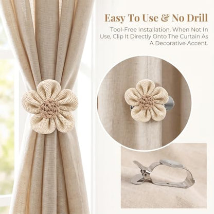 Natural Linen Curtain Tiebacks with Flower Accent - 2 Pack