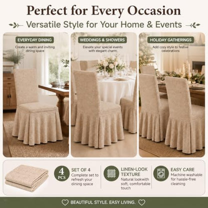 Ruffled Skirt Dining Chair Covers Set - 4 Pack Linen-Look Stretch Covers