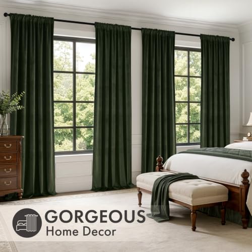Olive Green Velvet Curtains Set of 4 - 40x84 Inch Back Tab Panel