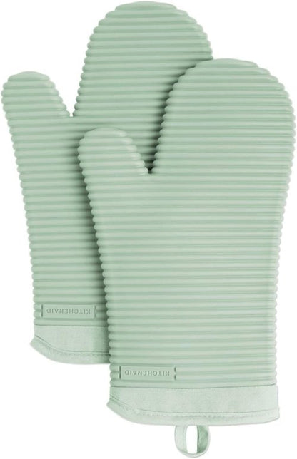 KitchenAid Ribbed Soft Silicone Oven Mitts - Heat Resistant 2-Pack Set, 7.5"x13", Pistachio Color