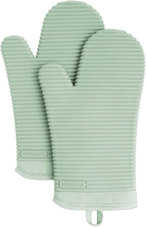 KitchenAid Ribbed Soft Silicone Oven Mitts - Heat Resistant 2-Pack Set, 7.5"x13", Pistachio Color