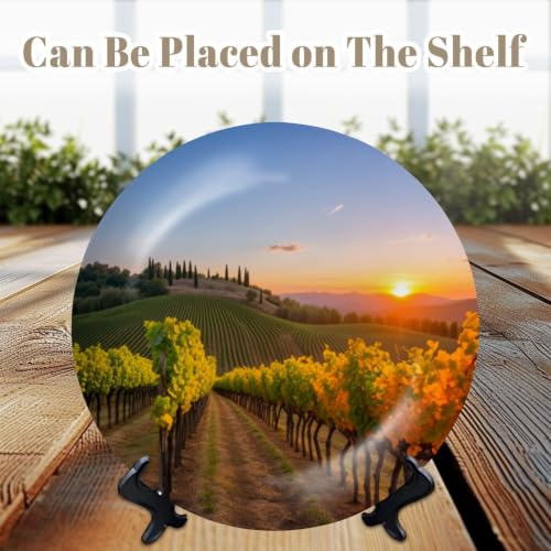 8-Inch Ceramic Decorative Plate for Wall & Display with Stand and Hook - Tuscany Vineyards Sunset Olive Fields