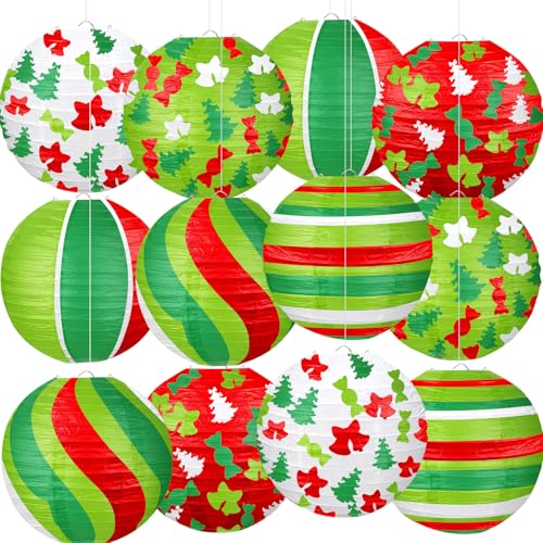 Christmas Paper Lanterns Set - 12 Hanging Holiday Decorations with 5 Designs - Variation of Christmas Paper Lanterns