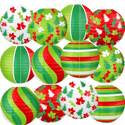Christmas Paper Lanterns Set - 12 Hanging Holiday Decorations with 5 Designs - Variation of Christmas Paper Lanterns
