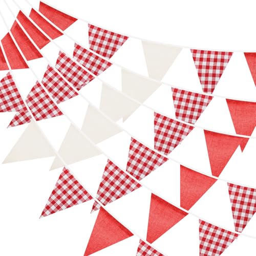Red & White Triangle Bunting Banner - 32Ft Gingham Fabric Party Decor