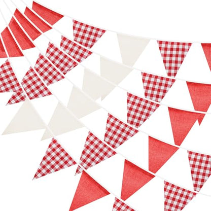 Red & White Triangle Bunting Banner - 32Ft Gingham Fabric Party Decor