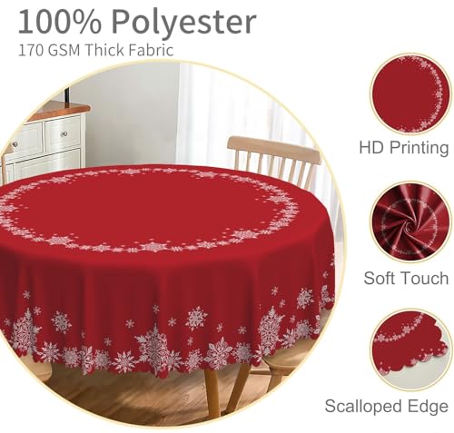 Christmas Round Tablecloth 24 Inch Red and White Snowflakes Holiday Decor