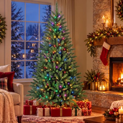 6FT Artificial Christmas Tree with 300 Multicolor LED Lights - Pre-Lit Holiday Tree