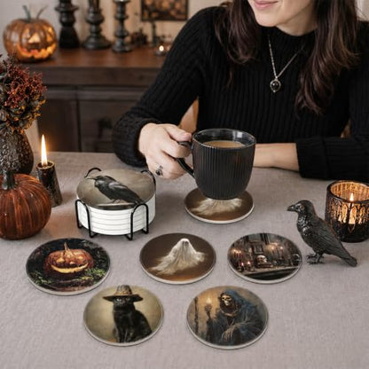 Halloween Ceramic Coasters Set with Stand - Gothic Dark Style, 6 Pieces