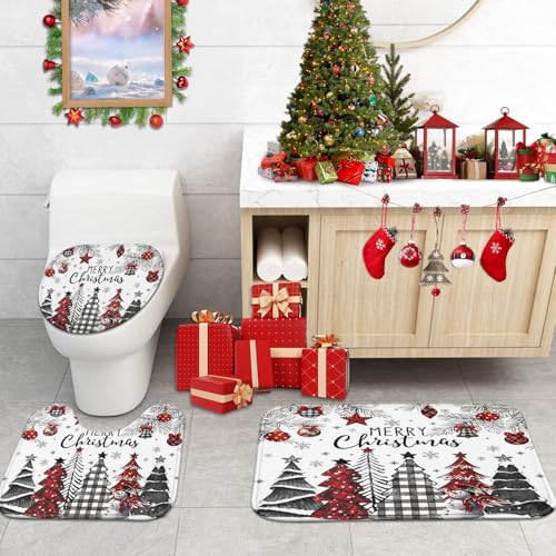 Christmas Tree Bathroom Decor Set with Shower Curtain and Rugs – 4 Pieces