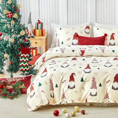 Lekesky Christmas Gnome Duvet Cover Set Queen Size 3-Piece - Red Hatted Gnome Design