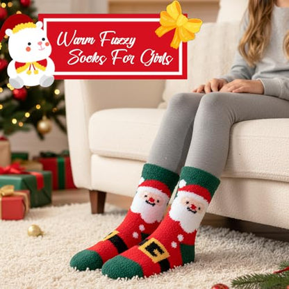 Girls Kids Fuzzy Socks with Grips Toddler Slipper Socks 6-8 Years - Red