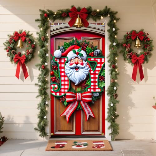 JOY Santa Face Door Cover with Gingham Letters - Red Christmas Decoration - Variation 01