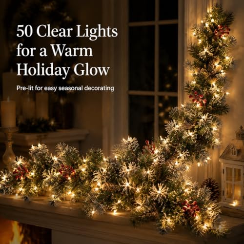 9FT Artificial Christmas Garland with Warm White Lights, Pine Cones & Red Berries