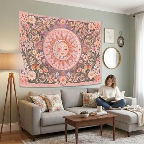 Pink Sun and Moon Boho Tapestry 48x36 Inch - Vintage Floral Wall Hanging