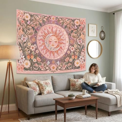 Pink Sun and Moon Boho Tapestry 48x36 Inch - Vintage Floral Wall Hanging
