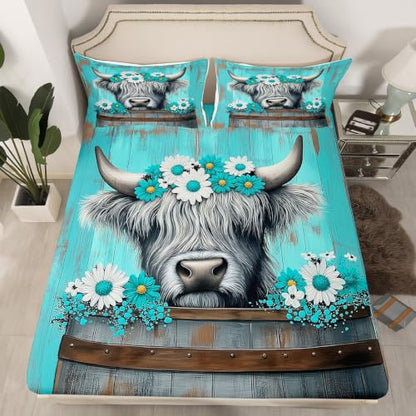 Queen Size Highland Cow Kids Sheet Set with Deep Pockets - Gray & Light Blue