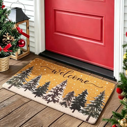 Snow Christmas Tree Door Mat 17x30 Inches - Heavy Duty Coir Welcome Mat