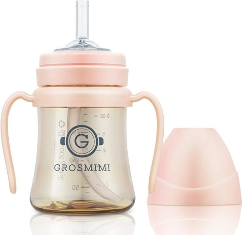 GROSMIMI Spill Proof Sippy Cup - No Spill Design with Straw & Handle for Babies | 6 oz Peach, BPA Free