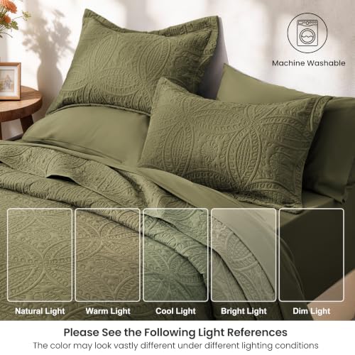 King Size Quilt Set with Sheet Set - Coin Pattern Green, 7 Pieces