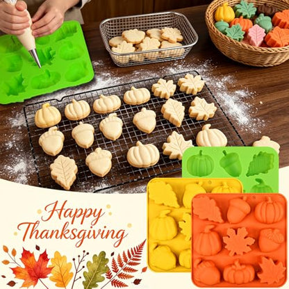 Fall Silicone Molds 3 Pack - Autumn Pumpkin, Leaf & Acorn Design, Orange + Yellow + Green