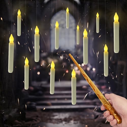 Homemory Floating Candles with Wand Remote, 12 Pcs Magical Floating Candles Witch Decors, Warm Yellow Flameless Taper Candles Battery Operated, LED Window Candles for Halloween Party Decor Kids Toys