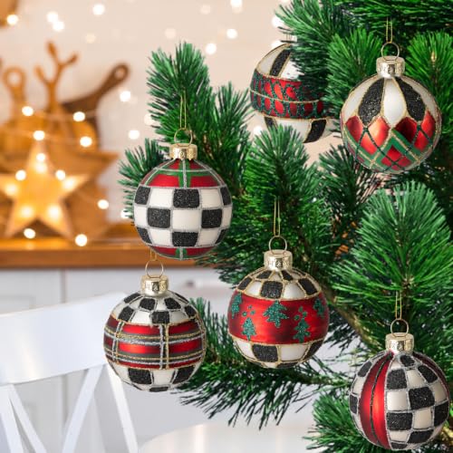 6 Pcs Christmas Buffalo Plaid Glass Hanging Ornaments - Red Green Black White