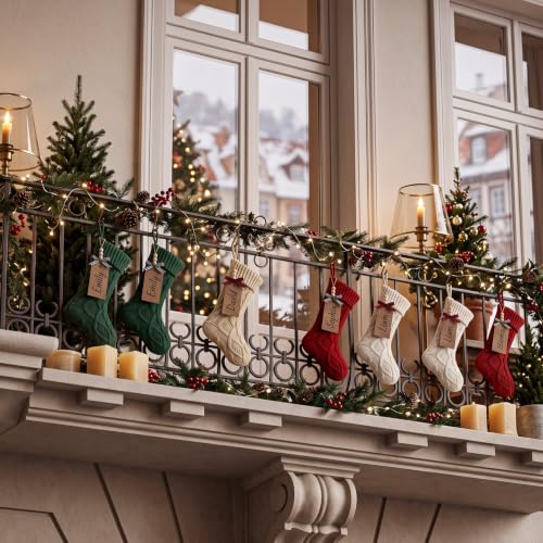 Large Christmas Stockings with Name Tags - 8 Pack in Red, Green, White, Khaki