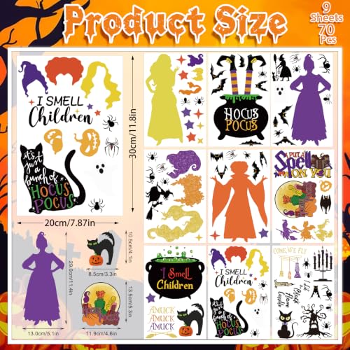 Hocus Pocus Window Clings Set - 9 Sheets, 70 Halloween Decals with Witch, Bats & Spiders - Variation of Hocus Pocus