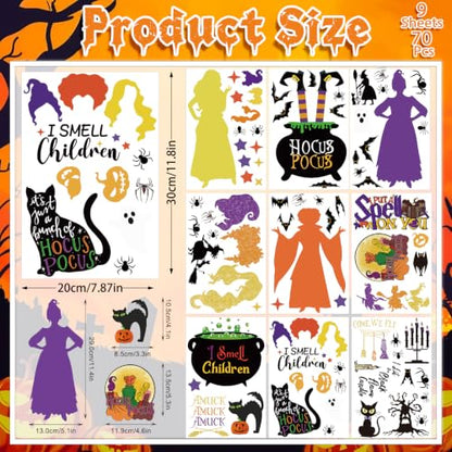Hocus Pocus Window Clings Set - 9 Sheets, 70 Halloween Decals with Witch, Bats & Spiders - Variation of Hocus Pocus