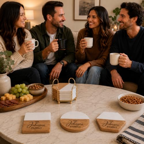 Personalized Marble and Wood Coasters with Holder - Engraved Gift Set