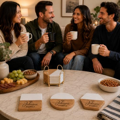 Personalized Marble and Wood Coasters with Holder - Engraved Gift Set