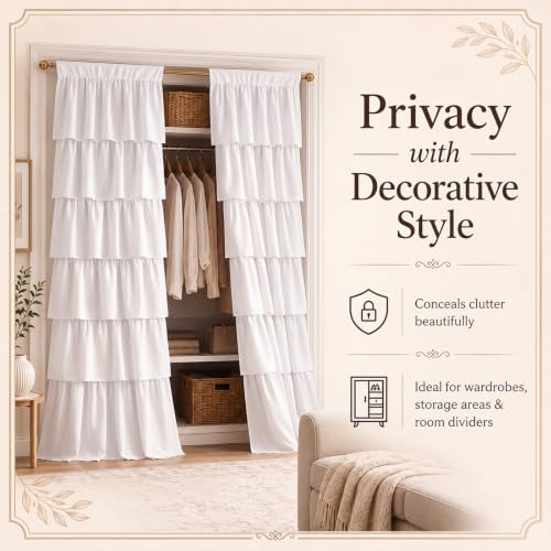 Ruffled Closet Curtain Panel Set - 42 x 80 Inches for Open Closet, Dorm Room