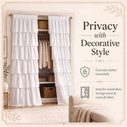 Ruffled Closet Curtain Panel Set - 42 x 80 Inches for Open Closet, Dorm Room