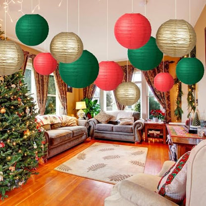 Christmas Red, Green & Gold Paper Lanterns Set of 12 Decorative Hanging Decorations