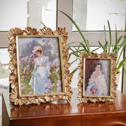 Gold 5x7 Floral Vintage Picture Frame with Enamel Finish - Tabletop & Wall Mount